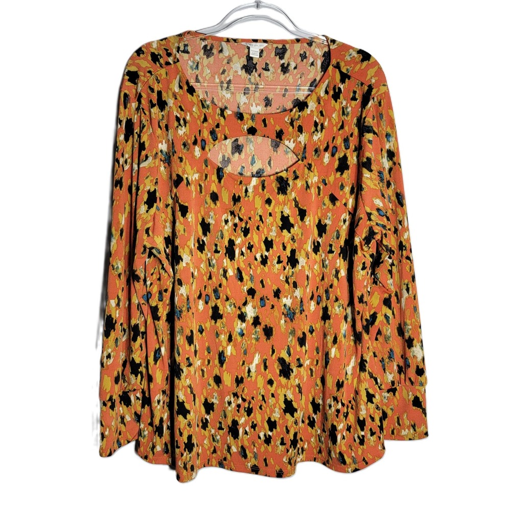Cato Orange Abstract Print Cutout Neck Long Sleeve Top Plus Size 22W Stretch